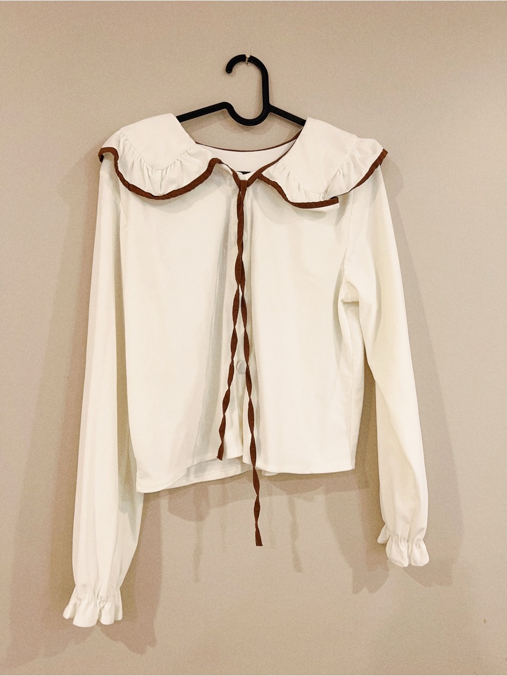 Women’s White Blouse with Brown Trim Collar
